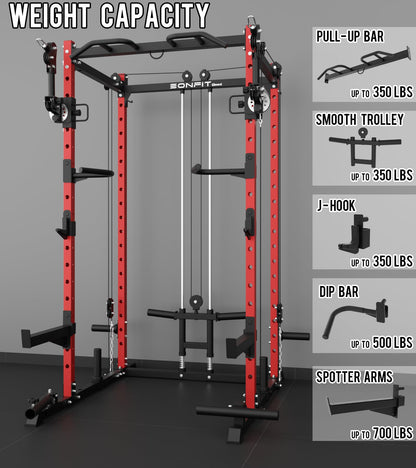 Eonfit E2 Power Cage with 3D Rotation Arms - Multi-Functional Power Rack for Home Gym. 1500lb Squat Rack for Home Gym. Pulley System for Cable Crossover & LAT Pulldown (RED, PRO)