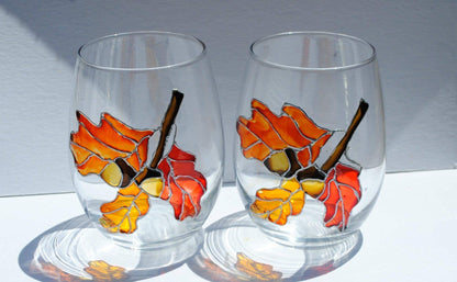 Oak Leaves Acorns Stemless Hand Painted Wine Glasses Set 2 Fall Decor