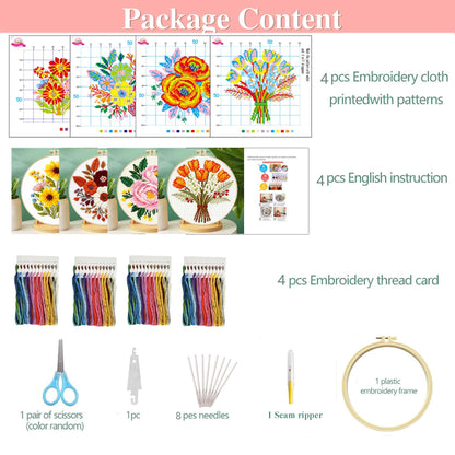 Zhenqing 4-Piece Floral Cross Stitch Kit for Beginners - Complete Set with Pre-Printed 11CT 24x24cm Fabric, Hoop, Threads & Tools (Sunflower, Peony, Tulip Designs)(70362)