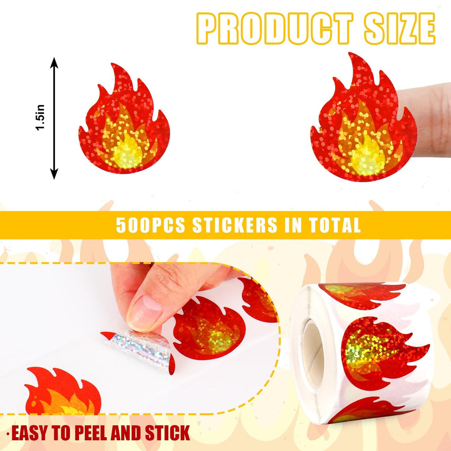 FYSUIMU 500 Pcs Flame Stickers Roll Holographic Glittery Fire Self-Adhesive Sticker Decals for Camping Party Envelopes Cards Gift Bags Laptops Scrapbook DIY Craft Decorations, 1.5 Inch