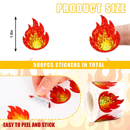 FYSUIMU 500 Pcs Flame Stickers Roll Holographic Glittery Fire Self-Adhesive Sticker Decals for Camping Party Envelopes Cards Gift Bags Laptops Scrapbook DIY Craft Decorations, 1.5 Inch