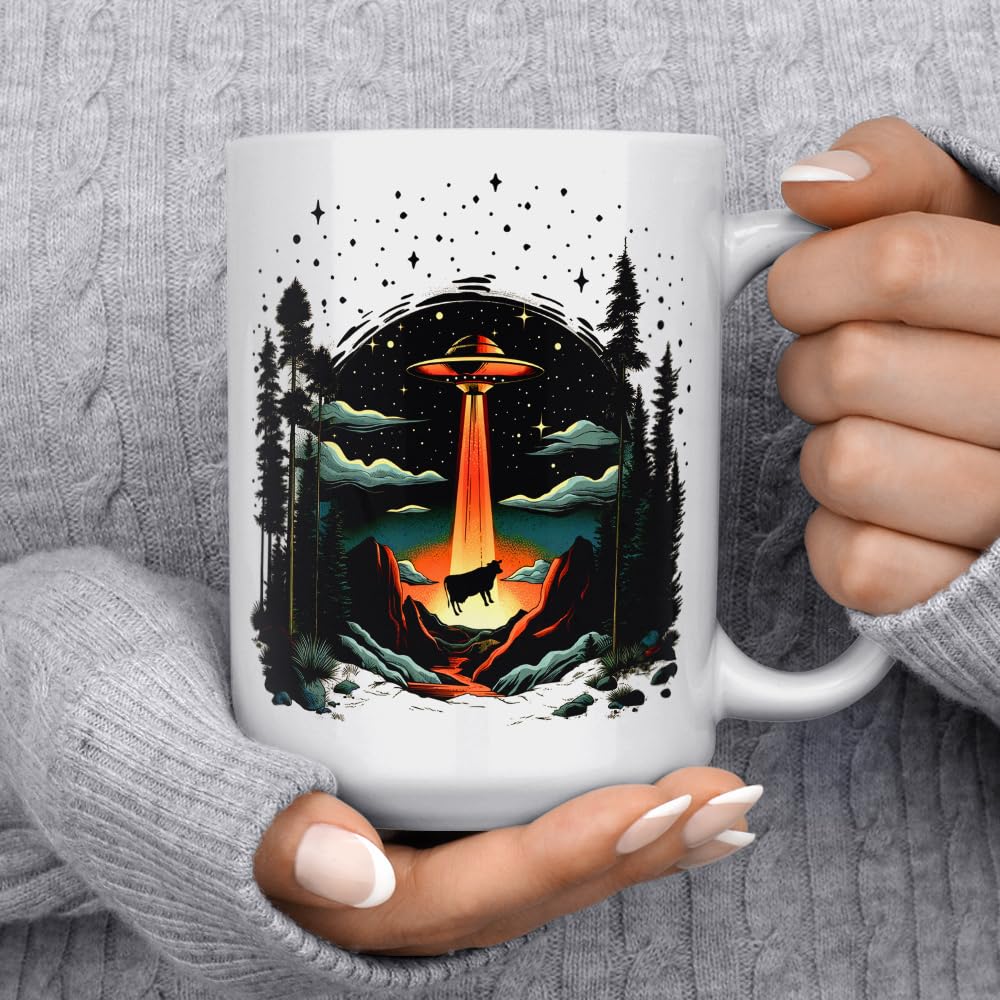 UFO Alien Cow Abduction Coffee Mug, Funny Paranormal Gifts, 15oz