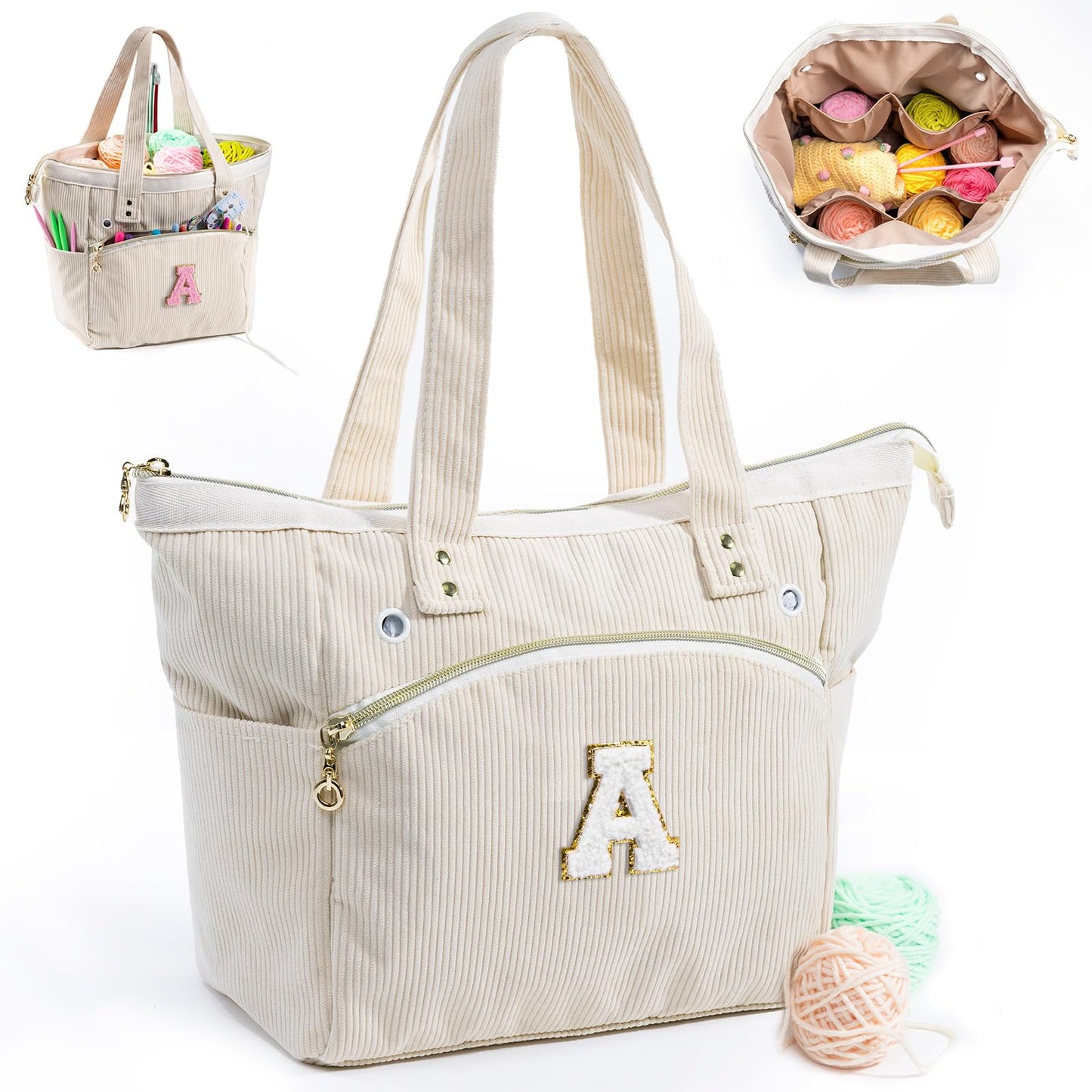 Initial Personalized Crochet Bag Tote - Corduroy Yarn Bag Storage - Yarn Holder for Crocheting - Crochet Organizer for Crochet Hooks, Crochet Accessories,Project Bag Knitting Bag Crochet Lover Gift