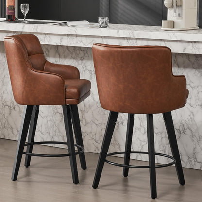 SAECKBERG 360°Swivel Counter Height Bar Stools with Back, 26 inch Solid Wood Legs, Bar Stool Modern Kitchen Island Chairs, Faux Leather (Brown- Faux Leather, 26" H- Set of 2)