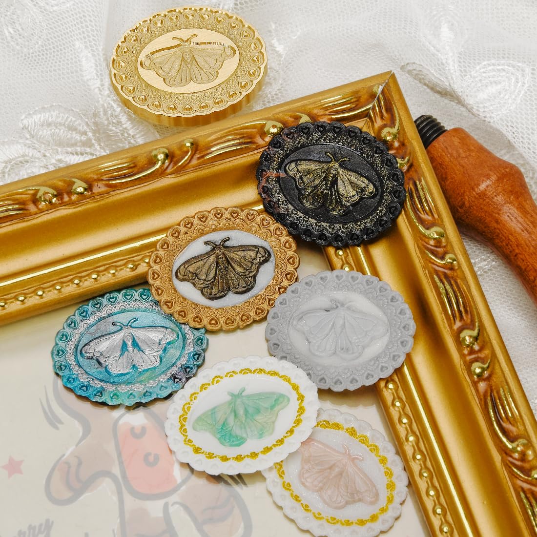3D Embossed Moth Wax Seal Stamp - Wooden Handle with Brass Metal Head, Defor for Envelope/Bag/Gift Packing, Making Product Tag Arts Crafts DIY