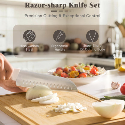 Knife Set, Astercook 22-Piece Kitchen Knife Set with Built-in Sharpener Block, High Carbon Stainless Steel Knives, Dishwasher Safe, Non-Slip Handle, Elegant Cream White Design, Perfect Holiday Gifts
