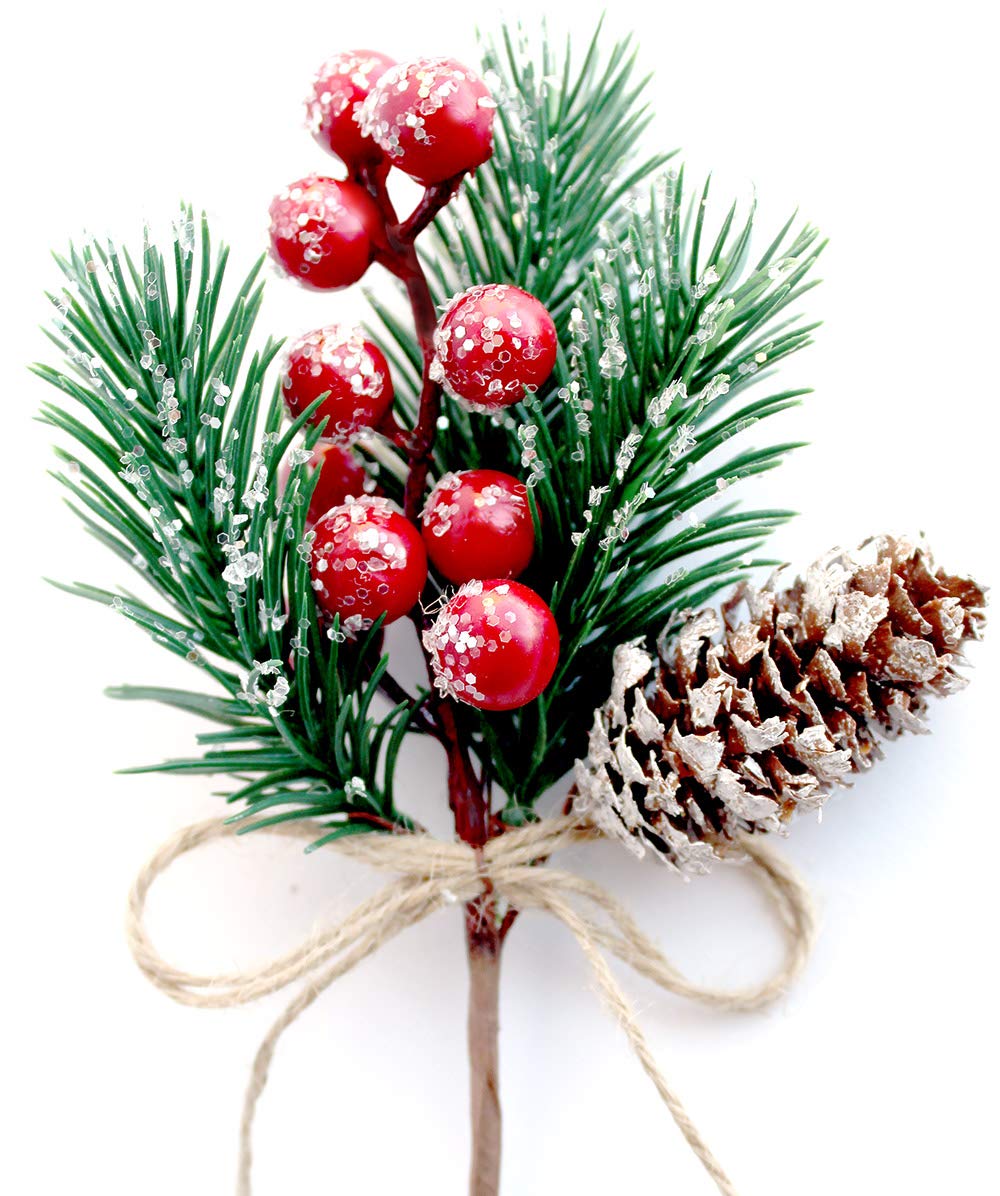 Red Berry Stems Pine Branches Evergreen Berries Décor 8 PCS Artificial Pine Cones Branch for Christmas Craft Wreath Pick & Winter Holiday Floral Picks Holly Stem for Decoration DIY Xmas Crafts