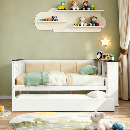 Merax Twin Size Wood Daybed with Storage Shelves, Platform Bed Frame Upholstered Backrest, USB and Trundle, Easy Assembly, White