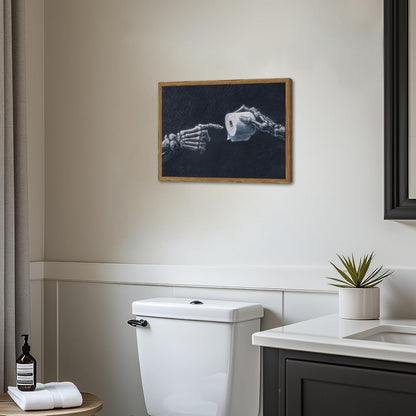 Funny Skeleton Bathroom Wall Art Gothic Skull Hand and Toilet Paper Bathroom Wall Decor Picture, Dark Academia Restroom Poster Canvas Print Painting 12x16 inch Wood Framed