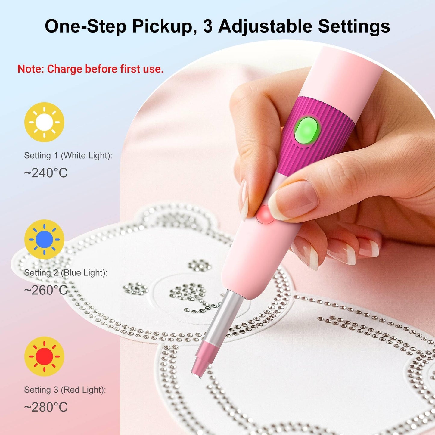 PP OPOUNT Hotfix Rhinestone Setter - Bedazzler Kit with Rhinestones for Clothes, Crafts, Shoes & T-Shirts, DIY Bedazzling Kit with 5 Different Tip Sizes, Stand, Glove, Cleaning Brush, Tray (Pink)