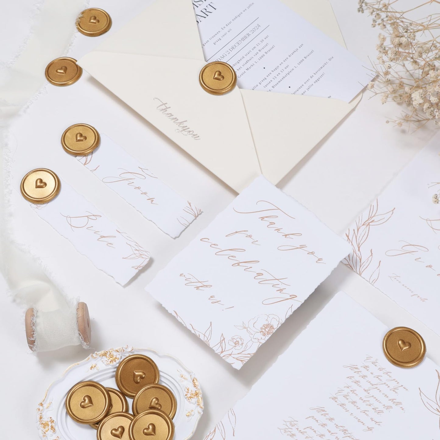 UNIQOOO Wax Seal Stickers - 3D Heart Wedding Invitation Envelope Seal Stickers, 50 Pcs Self- Adhesive Antique Gold Stickers, Perfect for Invitation, Christmas, Gift