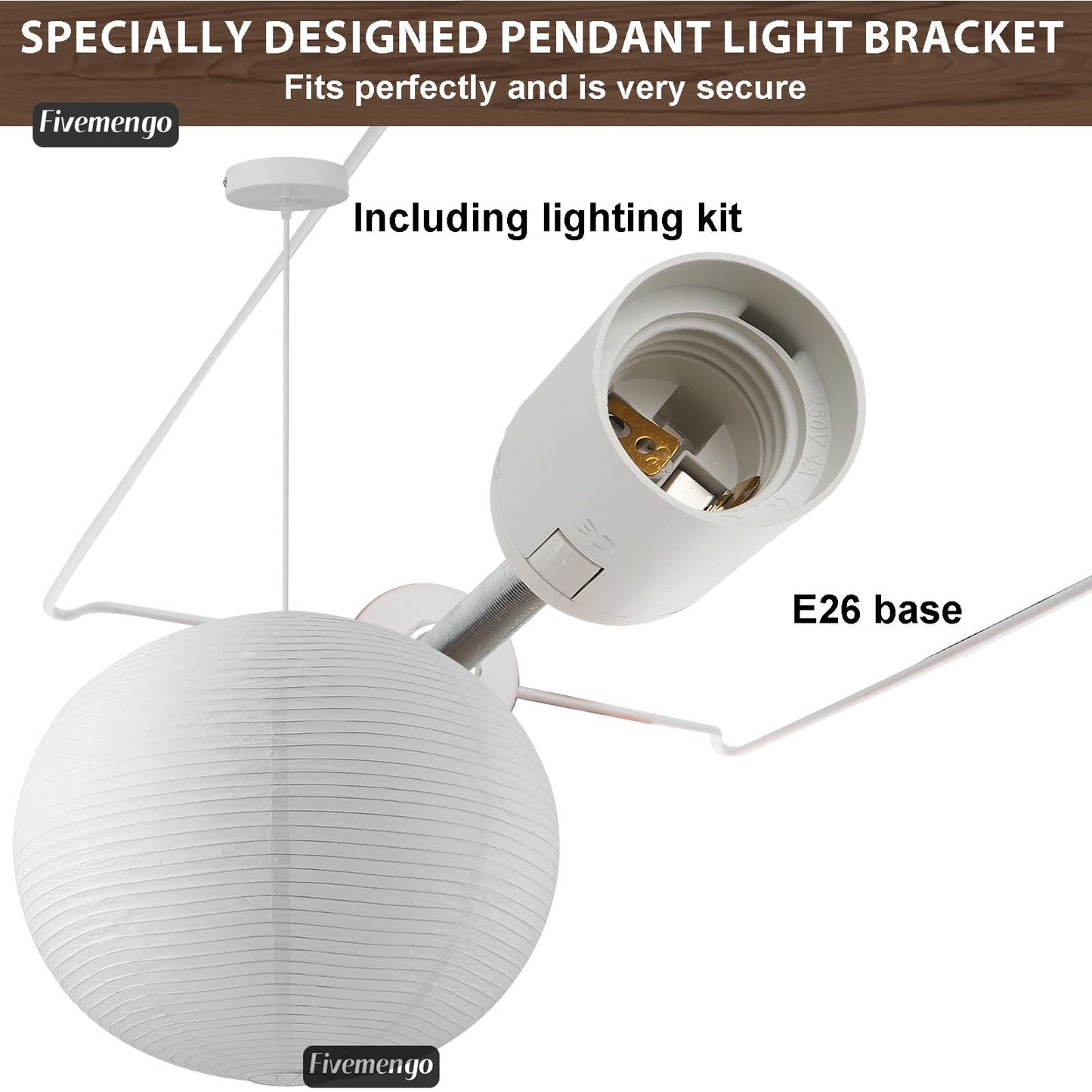 Fivemengo Large Rice Paper Pendant Light Kit, 20in White Globe Paper Lantern Lights, E26 Base, Japanese Hanging Lantern Lamp Japandi Chandelier for Dining Room Bedroom Office Living Room