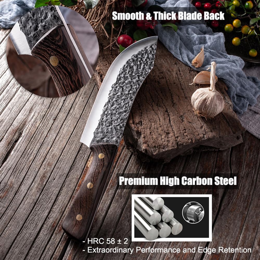 ROCOCO Butcher Knife, Hand Forged 7" Sharp Full Tang Kitchen Meat Cleaver for Home and Outdoor Cooking