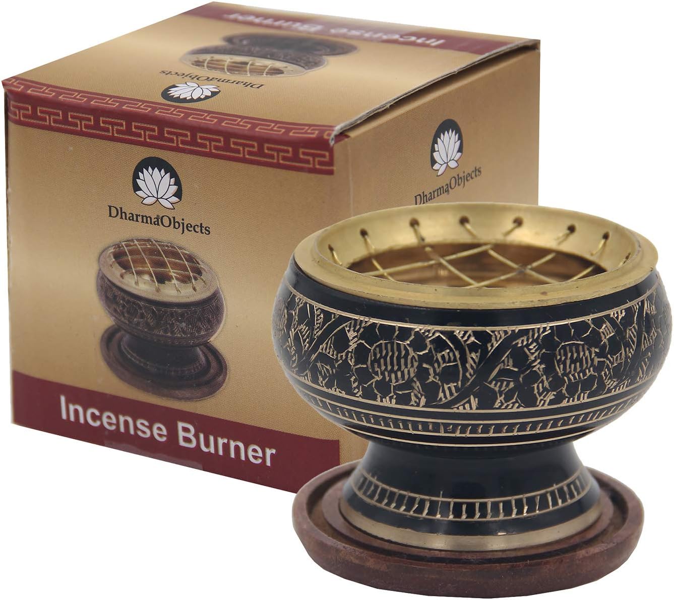 DharmaObjects Charcoal Incense Burner, Decorated Brass