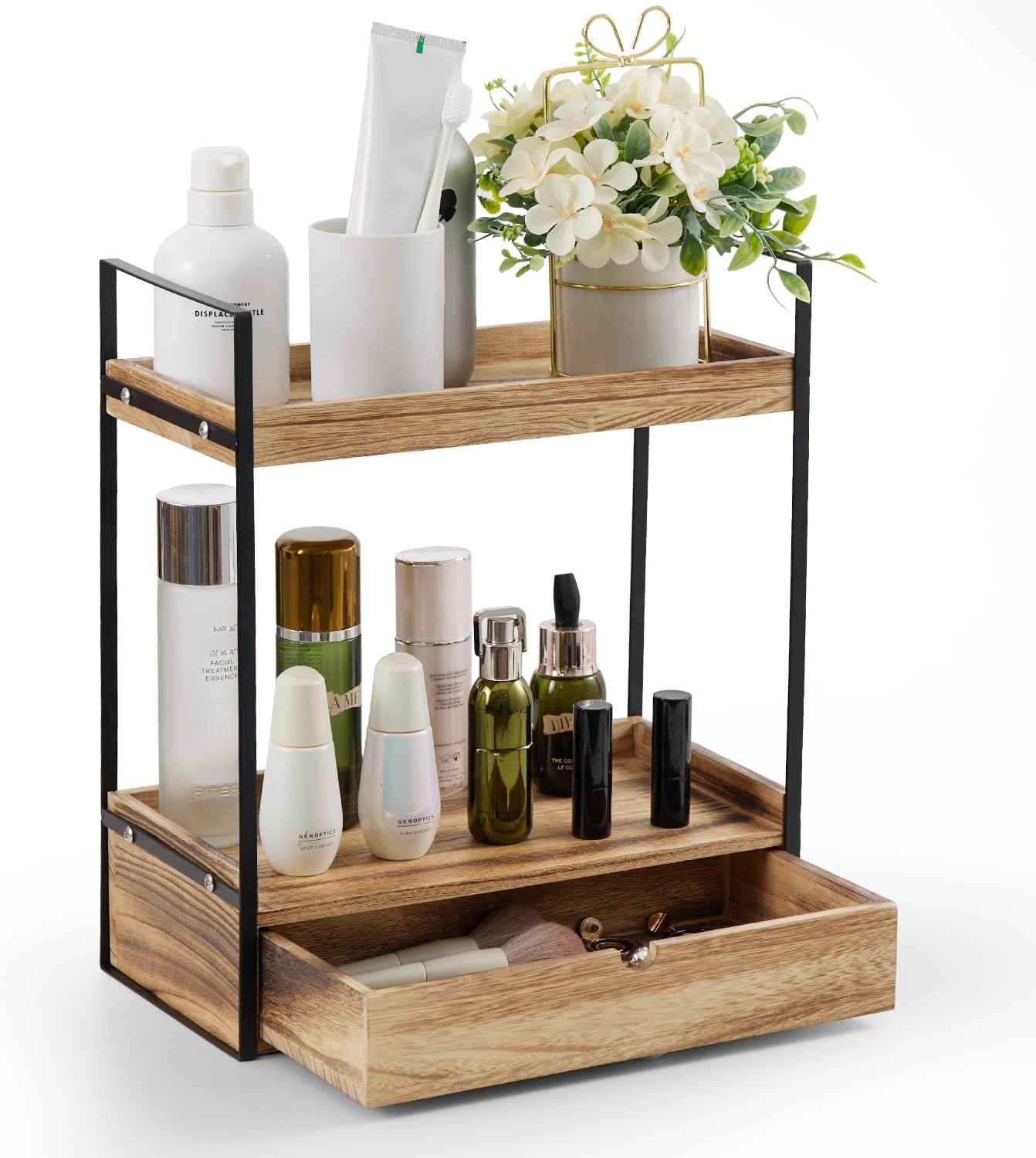 Auysbytdd 2-Tier Countertop Counter Bathroom Organizer with Drawer, Wood Shelf for Storage, Cosmetic Storage Vanity