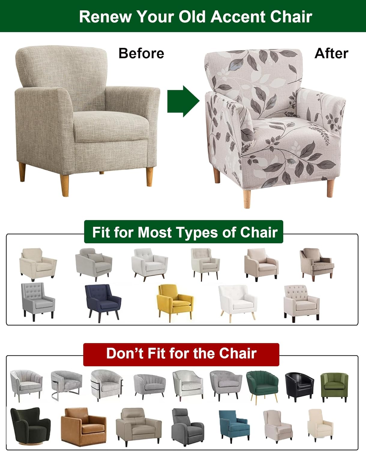 1-Piece Sofa,A19 CRFATOP Stretch Mid Century Modern Armchair Slipcover Accent Chair Covers with Arms Soft Chair