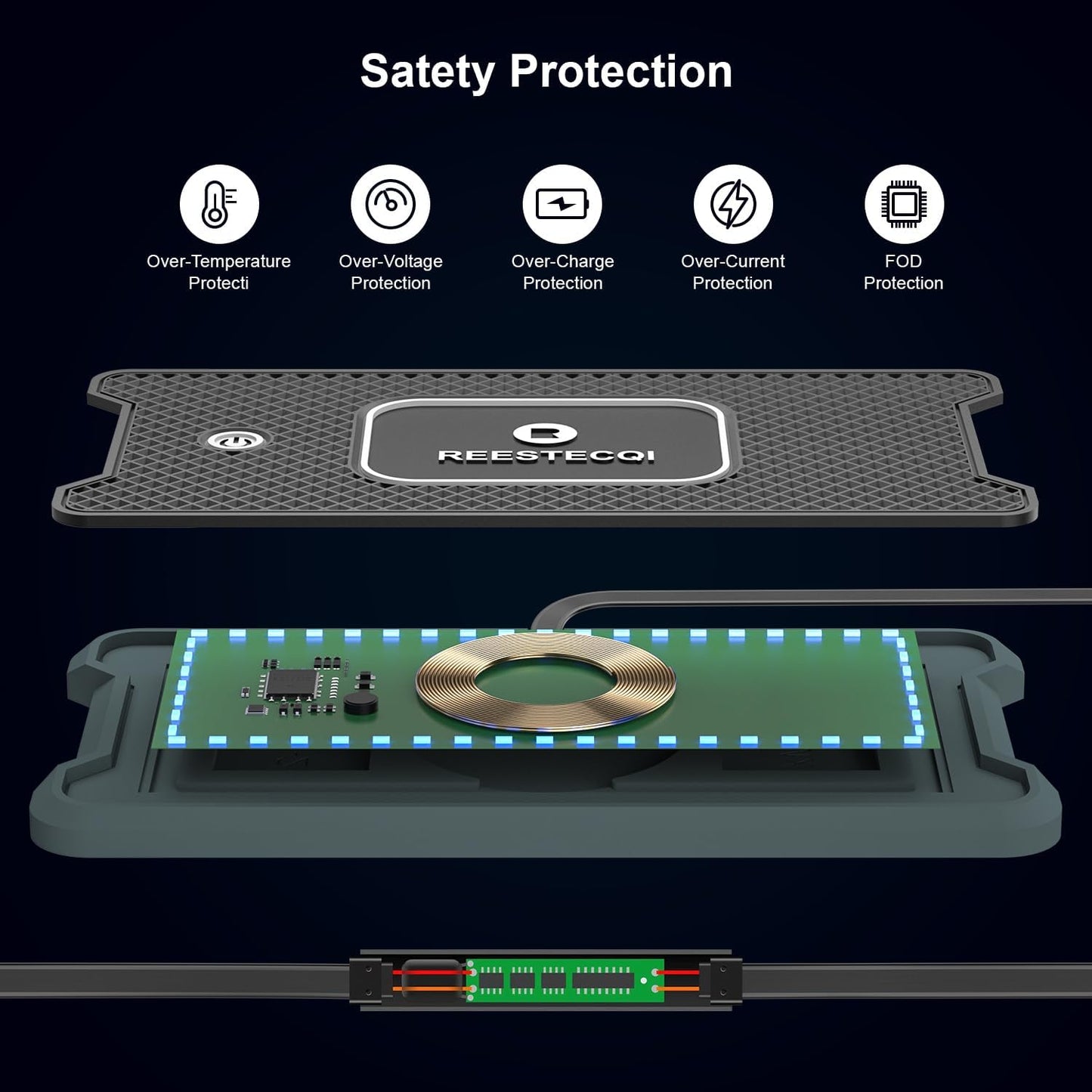 Wireless Car Charger Pad, REESTECQI 15W RGB Wireless Charger for Car Type C Non Slip Charging Pad for Car Compatible with Airpods iPhone 16/15/14/13/12,Samsung Google (30CM Cable)
