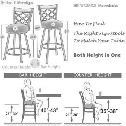 MIITODAY Set of 2 Swivel Bar Stools with Backs, 2-in-1 Adjustable 25"/30" Height, Farmhouse Kitchen Counter Chairs, Heavy Duty Industrial Metal & Black Faux Leather Seat