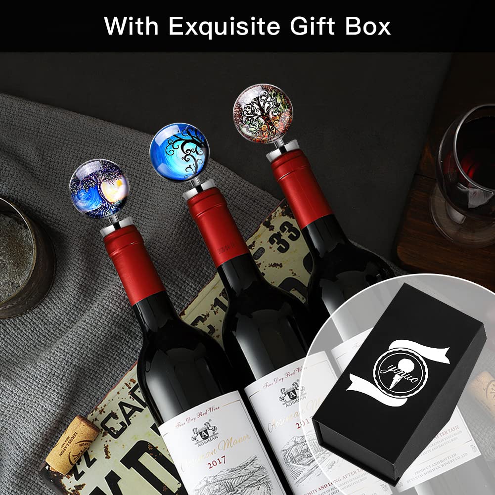 Soleebee 3 Pack Decorative Wine Stoppers, Wine Bottle Stopper with Beautiful Art Glass, Reusable Beverage Bottle Stoppers for Bar, Gifts, Holiday Party, Kitchen Decor (Tree of Life)
