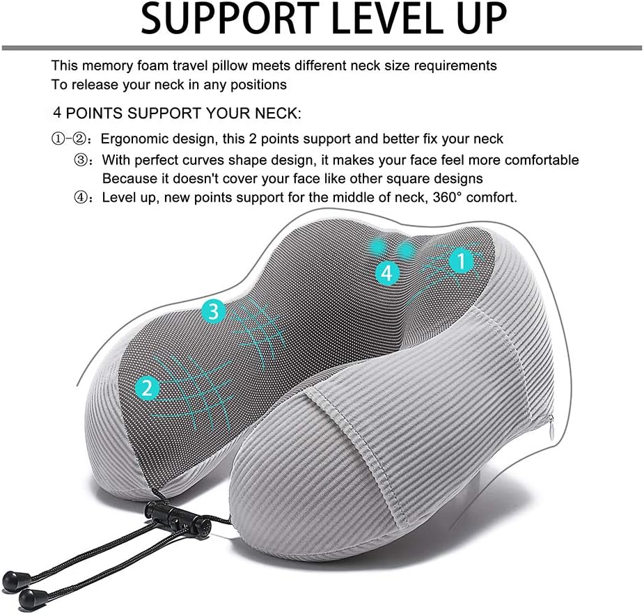Travel Pillow, Memory Foam Neck Pillow with 360-Degree Head Support, Comfortable for Airplane & Home Use