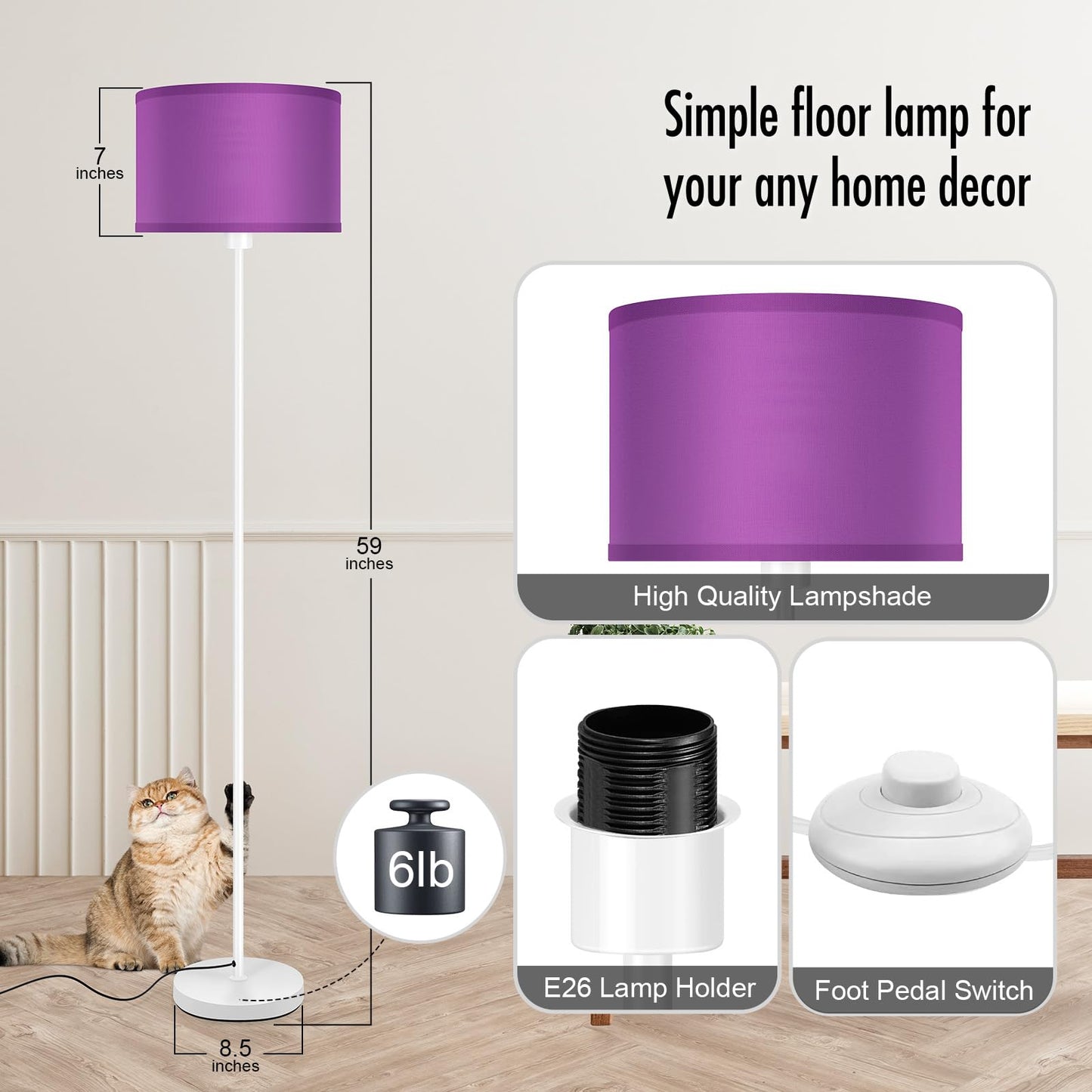 Floor Lamp for Bedroom, Purple Standing Lamp, Modern Stand Up Lamps with Lampshade, 59" Tall Lamp, Foot Switch, Small Corner Lamp Decor for Kids Room, Living Room , Den, Office(NO Bulb,E26 Base)