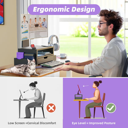 Simple Trending Wood Monitor Stand Riser with Drawer and Pen Holder, Desk Organizer for Home Office, Black