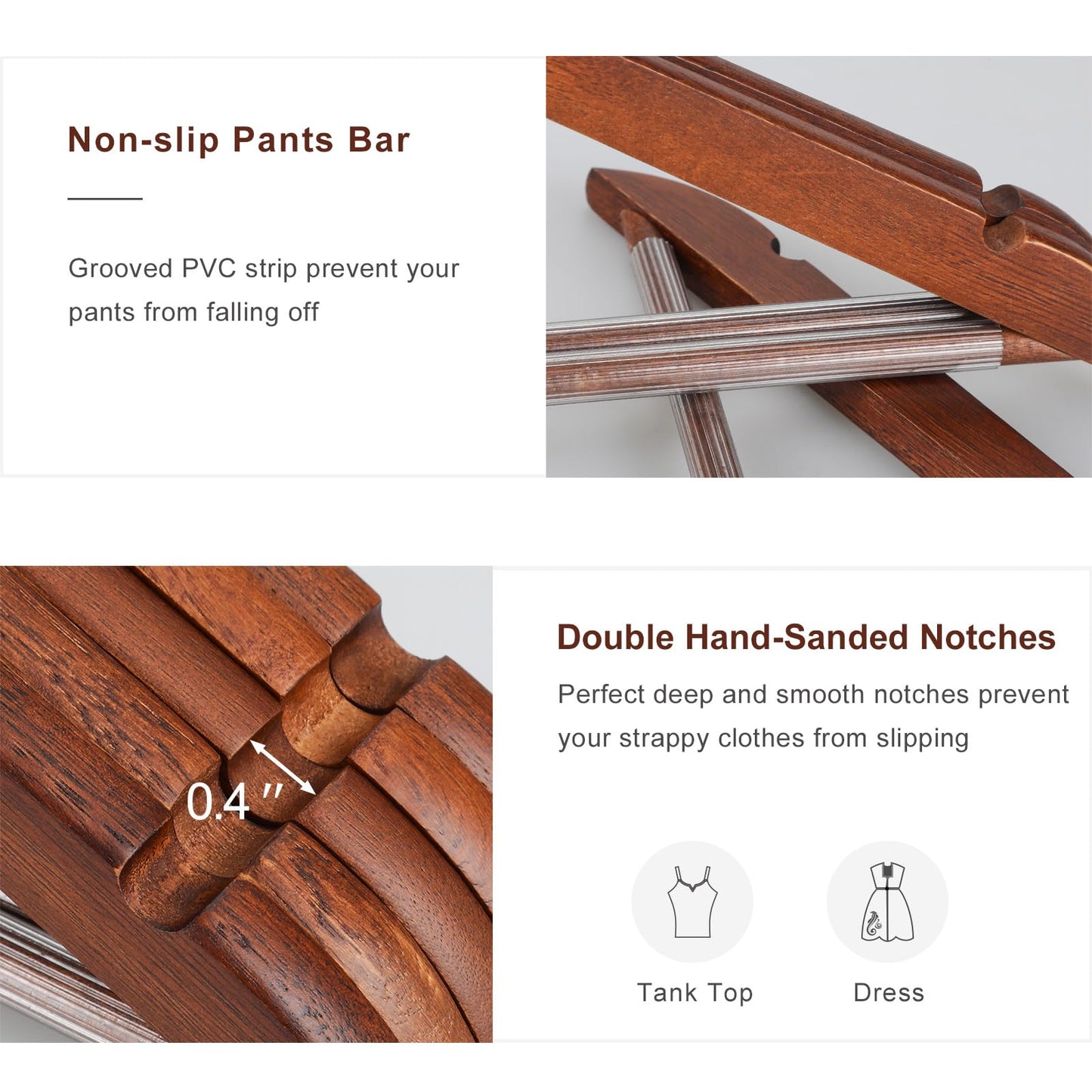 TOPIA HANGER Walnut Wooden Hangers 30 Pack, Wood Clothes Hangers, Durable Coat Hanger with 360-Degree Rotatable Hook, Non-Slip Pants Bar and Shoulder Notches for Camisole Tops - CT34WA30