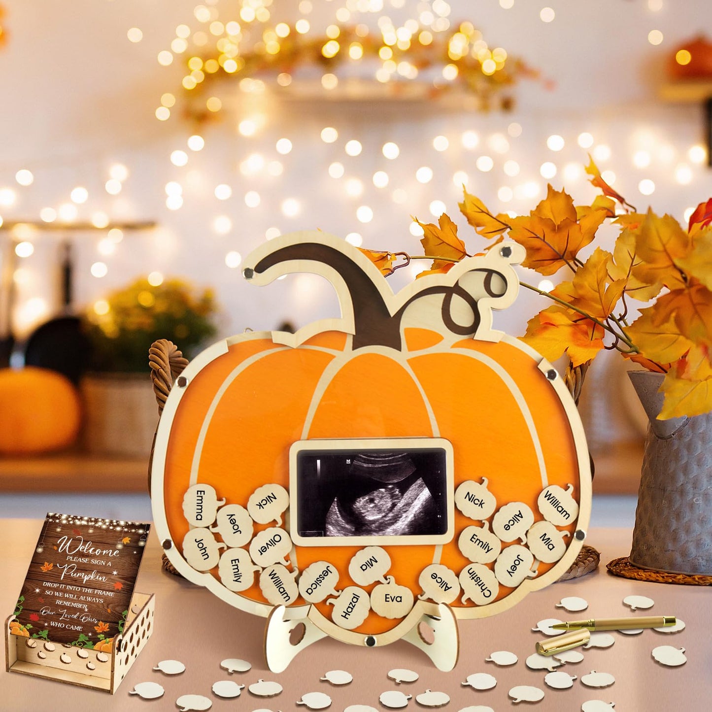 Thyle 63 Pcs Pumpkin Baby Shower Guest Book Fall Halloween Pumpkin Baby Shower Decorations with Photo Frame Sonogram Frame Keepsake Alternatives 60 Wood Slices Set, Autumn Thanksgiving Party Favors
