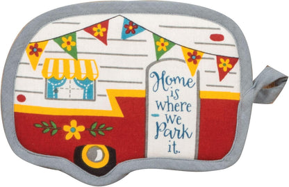 4 Piece Happy Camper Kitchen Towel Bundle - 1 Tea Towel, 1 Terry Towel, 2 Potholders