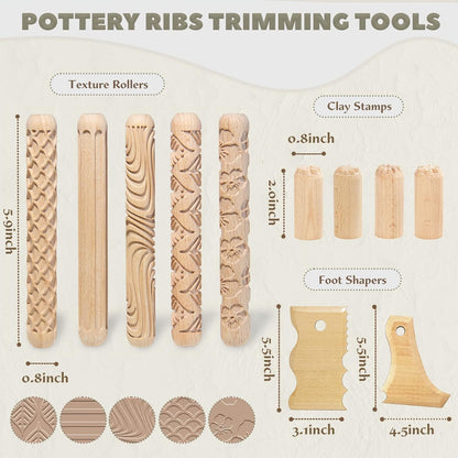 Krbnk 11Pcs Clay Pottery Tools Kit with 5 Clay Texture Rollers, 4 Clay Stamps, 2 Foot Shapers Pottery Ribs Trimming | All-in-One Ceramic Carving Set for Clay Molding & Sculpting & Ceramics