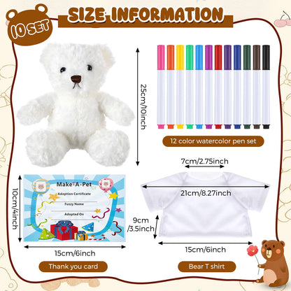 40 Pcs Make Your Own Stuffed Animal Bear Kit DIY 2026 Graduation Plush Gift 10 Pcs 9.84 Inches Rose Velvet Bear 10 White T Shirt 10 Set 12 Color Pen and Card for Graduates Party Craft Gift(White)