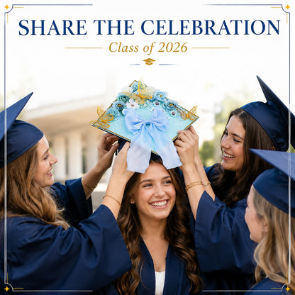 45 PCS DIY Graduation Cap Decoration Kit - 8 Cream Construction Paper with Artificial Flower Heads Bow 3D Butterfly Pearl Adhesive Dots Rhinestone Stickers for Grad Hat Topper DIY (Light Blue)