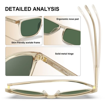 CARFIA Retro Polarized Sunglasses for Men UV Protection Hand-crafted Acetate Frame Fishing Golf Spectacles Green Lens
