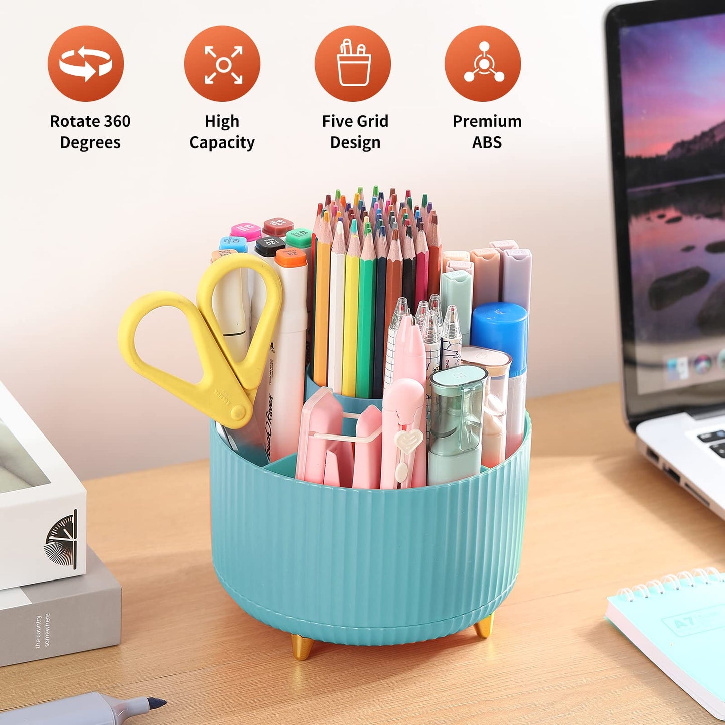 EDENMS Desk Pencil Pen Holder, 5 Slots 360°Degree Rotating Organizers for, Desktop Storage Stationery Supplies Organizer, Cute Cup Pot Office, School, Home, Art Supply, Blue