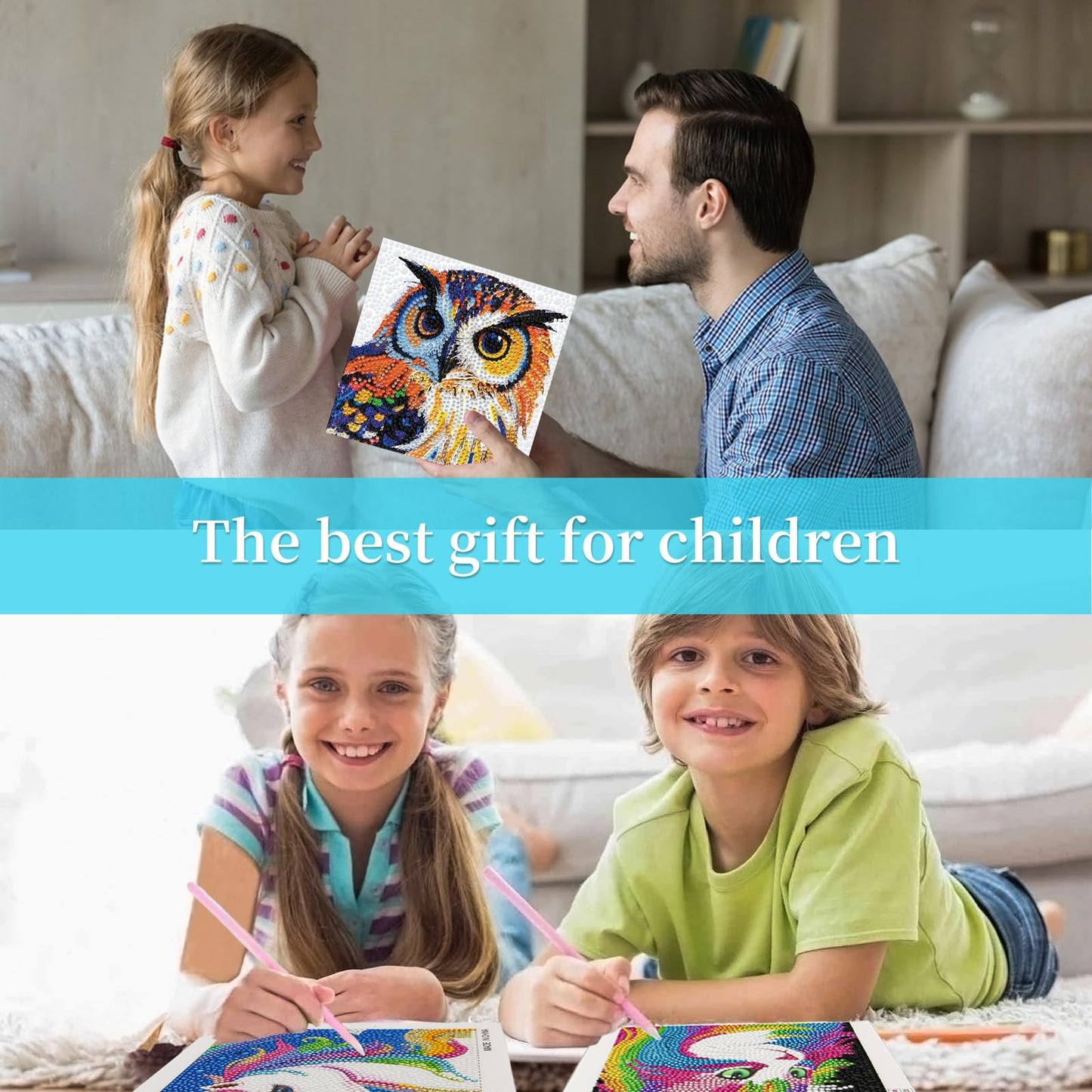 Libfx Diamond Art Kits for Kids 4 PCS Diamond Art for Girls Boys Beginners Arts and Crafts for Kids Ages 8-12 (Tiger Leopard owl Dog)