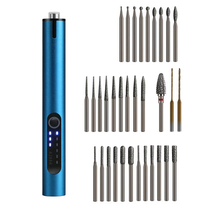 Mini Cordless Electric Engraving Pen with 30 Carving & 2 Drilling & 1 Tungsten Carbide Grinding Rotary Bits for DIY Crafts, USB LED Light 3-Speed Tool Kit for Metal, Wood, Glass, Plastic (Blue)