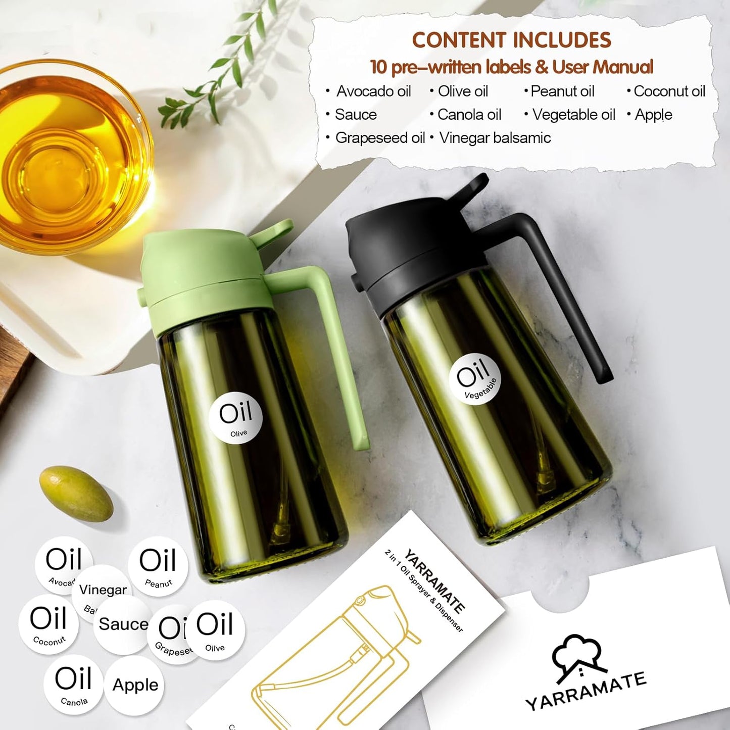 YARRAMATE 2PCS 16oz Oil Sprayer - Food-Grade Olive Oil Dispenser | Premium Dark Green Glass for Kitchen & BBQ