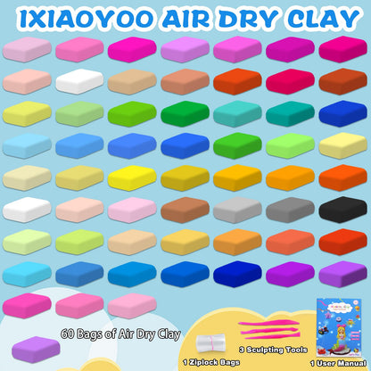 Ixiaoyoo Air Dry Clay for Kids, 60 Colors Modeling Magic Clay, Safe & Non-Toxic, DIY Model Arts & Crafts Kit with Sculpting Tools, Birthday&Christmas Toy Gift for 3-12 Years Old Boys Girls Kids