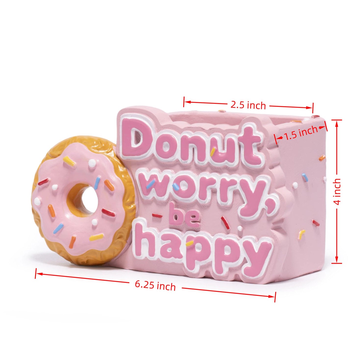 ZAWUU Donut Shaped Organizer - Cute Pink Resin Donut Worry, Be Happy Multi-Use Holder for Pens, Makeup Brushes, Utensils, and More – Perfect Desk or Kitchen Accessory Gift
