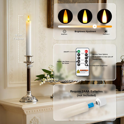 Meigic 7 Inches Dripless Flameless Taper Candles with Remote Timer Dimmer, Real Wax Battery Candlesticks, 3D Flame Fake Candlesticks for Home Wedding Christmas Decor, White, 6 Pcs