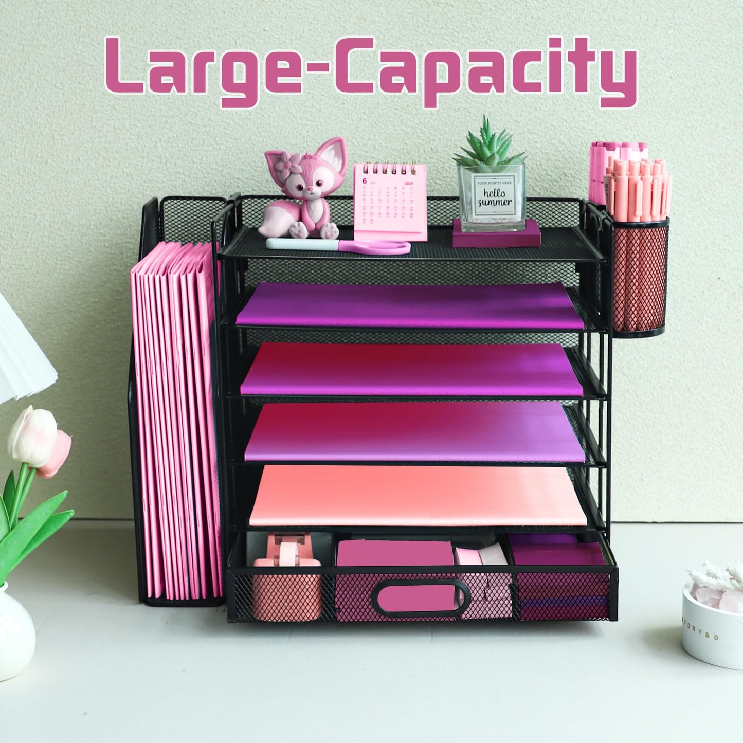 ideallife Desk Organizers and Accessories with File Holder, 6-Tier Paper Letter Tray Organiser with Drawer and 2 Pen Holder, Mesh Desktop Document Organizer for Office Supplies, Workspace - Black