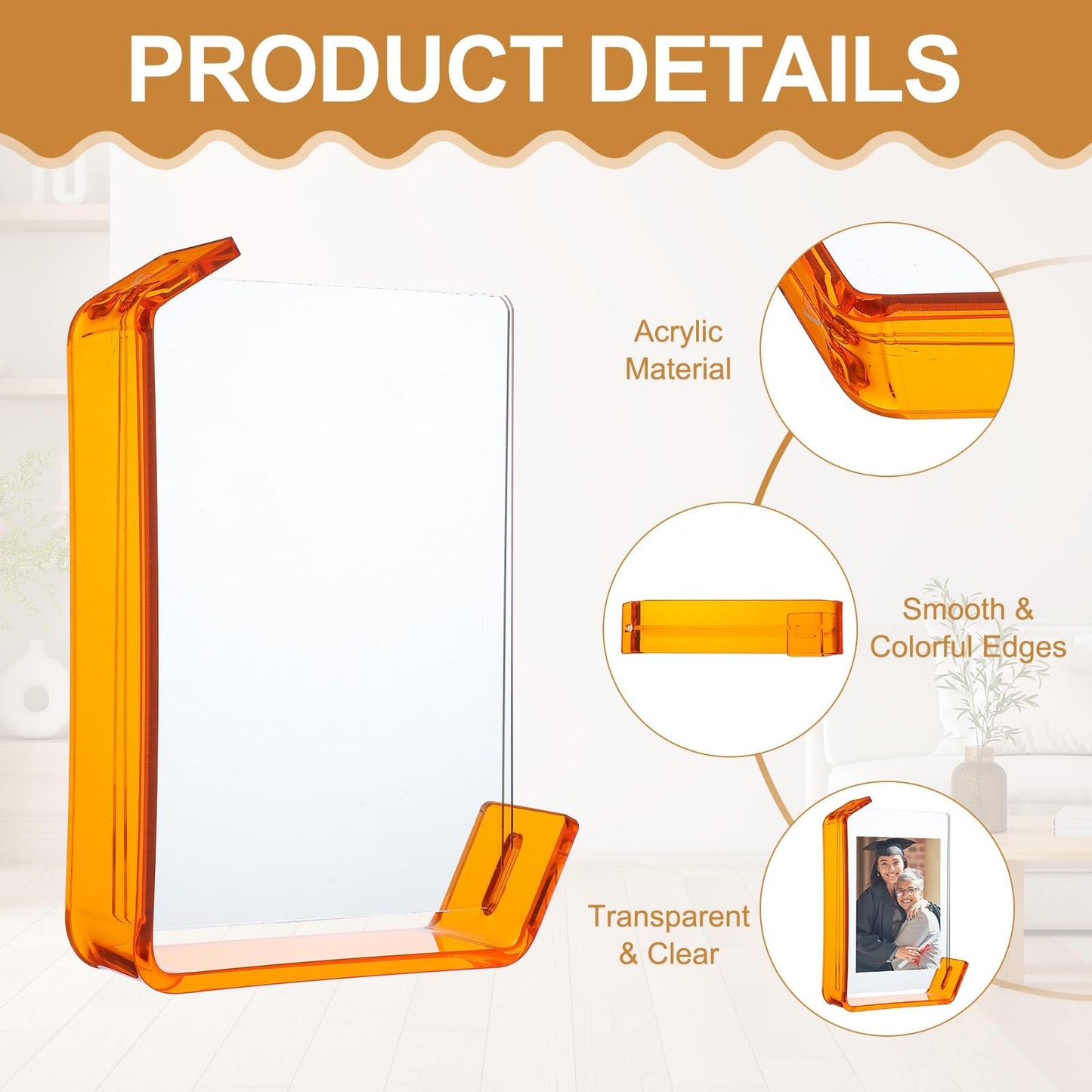 uxcell 5x7 Inch Acrylic Picture Frame, Floating Picture Frames for Wall or Tabletop Display, Hanging Photo Frame Stand for Office Home, Orange