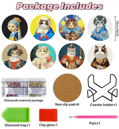 Puraikcmi 8PCs Diamond Paintings Coasters Kits Set, Funny Cat Diamond Art Coasters with Holder, DIY Crafts Diamond Art Kits Adult Craft Diamond Dots Gift