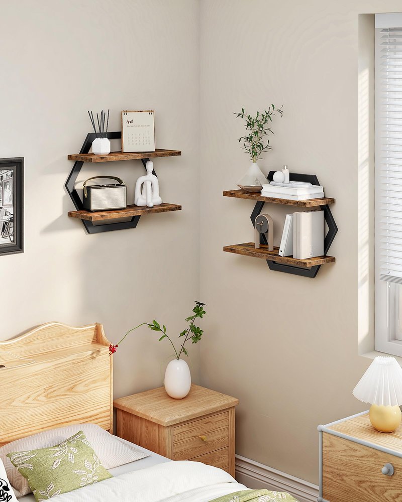 CHOEZON Hexagon Floating Shelves for Wall, Set of 2, 2 -Tier Hanging Shelves, Wall Mounted Storage Shelves, for Living Room, Bedroom, Kitchen, Home Office, Study, Rustic Brown and Black TBJ06P2BF