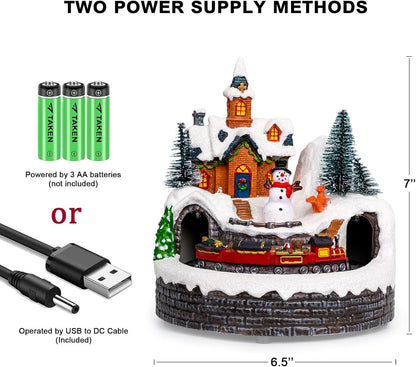 Skiennix Animated Musical Christmas Village Figurines - LED Lights & Rotating Train | Holiday Home Decor