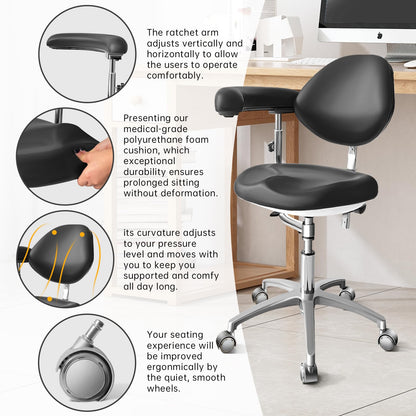 Dental Assistant Chair PU Leather with Swivel Armrests, Rolling Dental Chair, Ergonomic Swivel Dentist's Stool with Backrest for Clinics, Tattoo, Home and Laboratory - Black