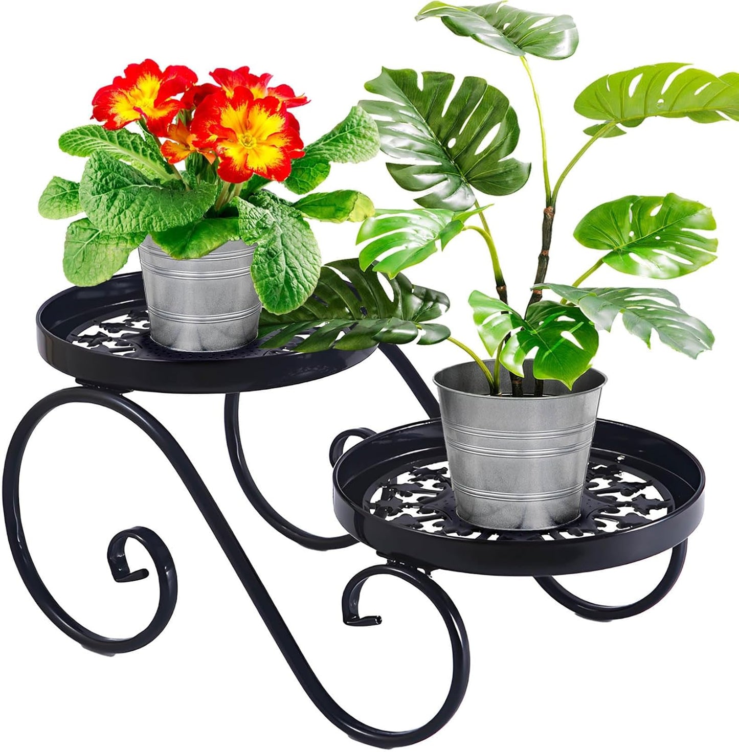 2 Tier Black Plant Stand, Metal Flower Stand Indoor Outdoor, Anti-Rust Iron Plant Shelf, Round Flower Pot Stands