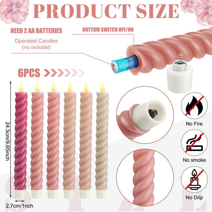 Baquler 6 Pcs Pastel Pink Flameless Taper Candle Twisted LED 9.65 Inch Taper Candles Battery Operated Spiral Candlesticks for Valentine Wedding Birthday Home Party Holiday Dinner Fireplace