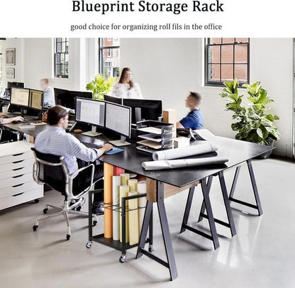 Blueprint Storage Rack - Metal Blueprint Holder Cart with Wheels | 12 Slots for Home Office & School (Black)