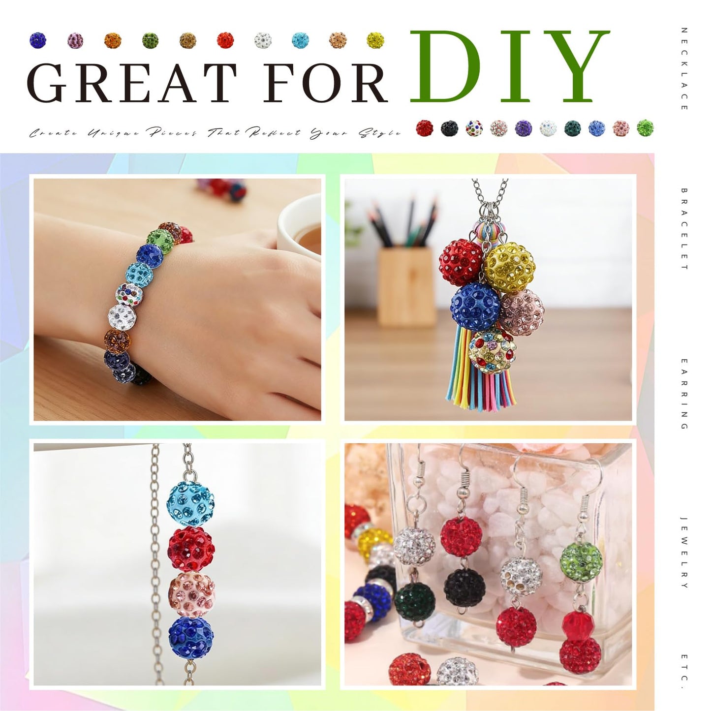 YETOOME 10mm Rhinestone Beads Set, 20 Colors Round Sparkle Crystal Clay Bead Kit with Charms, Sparkly Disco Ball Beads for Bracelets Necklaces Earrings Keychains DIY Crafting, 408 Pieces